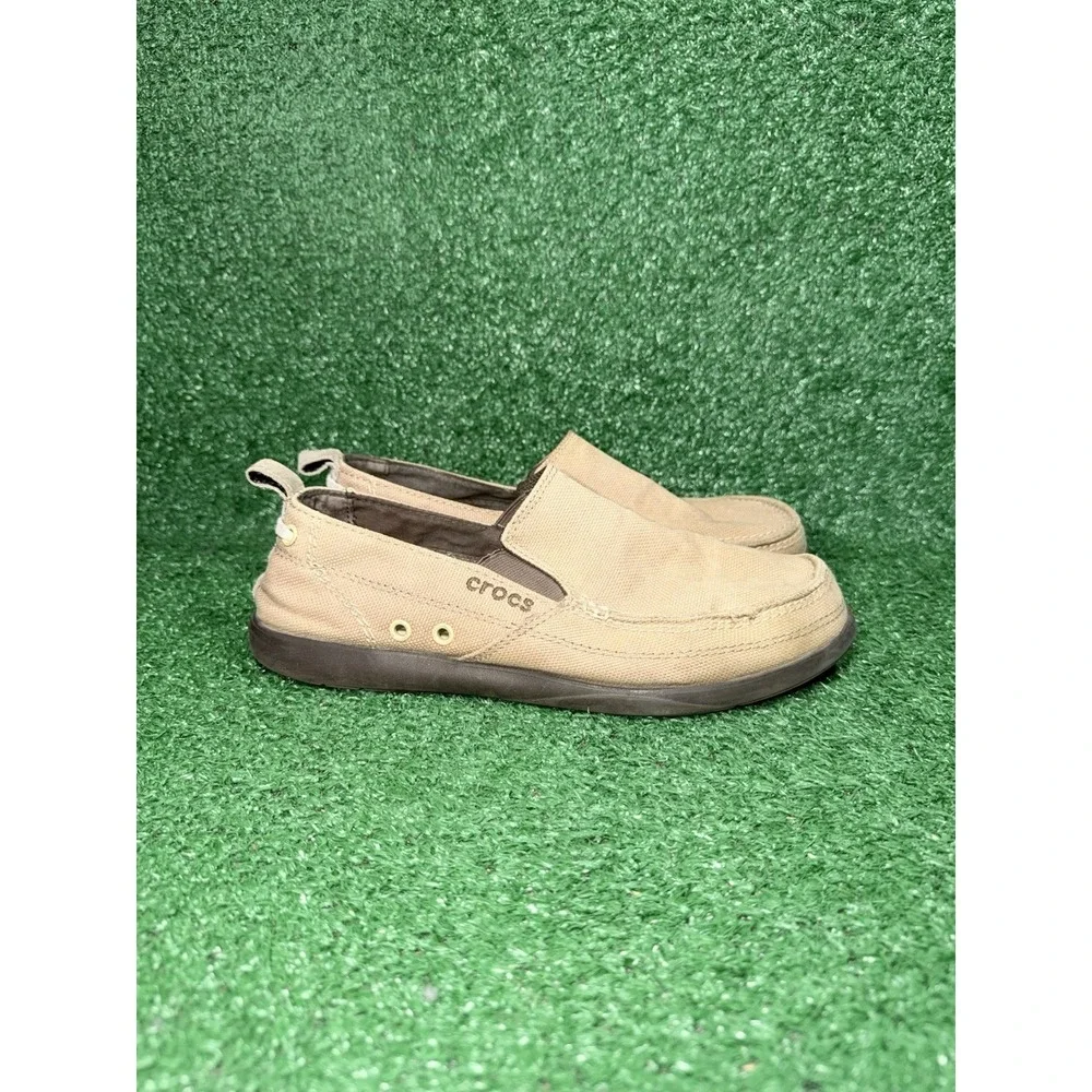 CROCS WALU Men's Size 9 Canvas Slip-On Boat Shoes Loafers Tan Khaki Brown